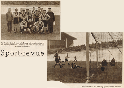 874775 Collage van 2 foto's betreffende de voetbalwedstrijd tussen D.O.S. (Utrecht) en E.D.O. (Haarlem), in Stadion ...